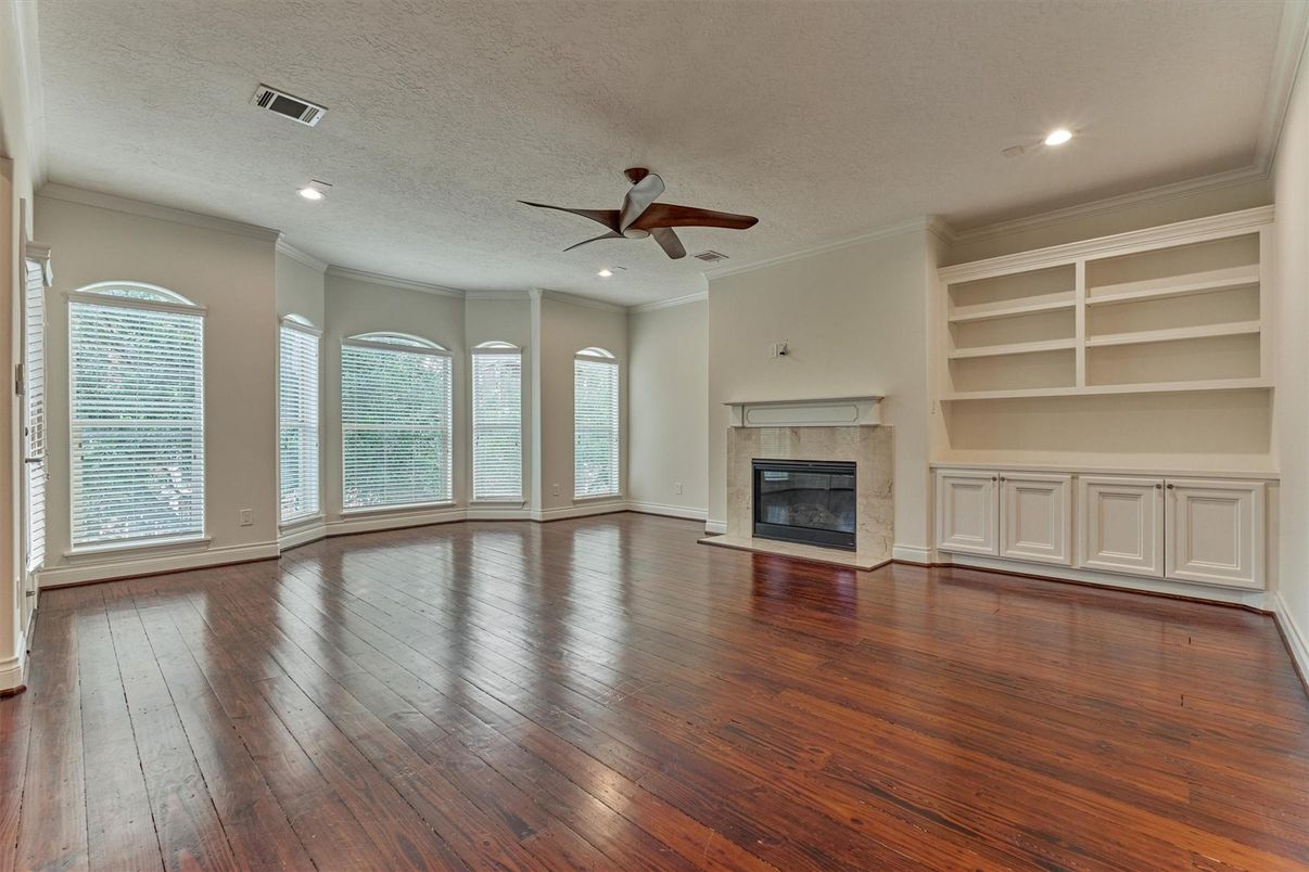 Empty room, Fireplace, Interior, Recessed Lighting, Wood Texture Flooring
