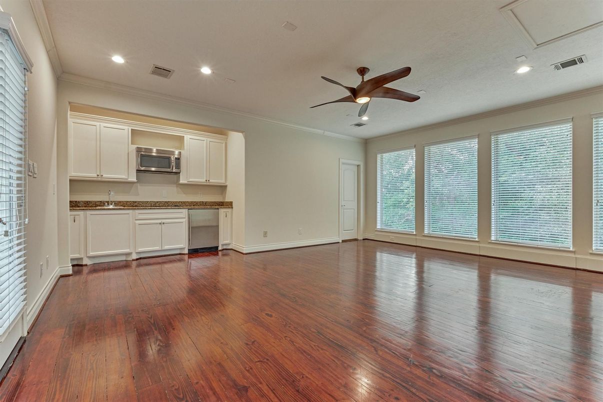 Empty room, Interior, Kitchen, Recessed Lighting, Wood Texture Flooring