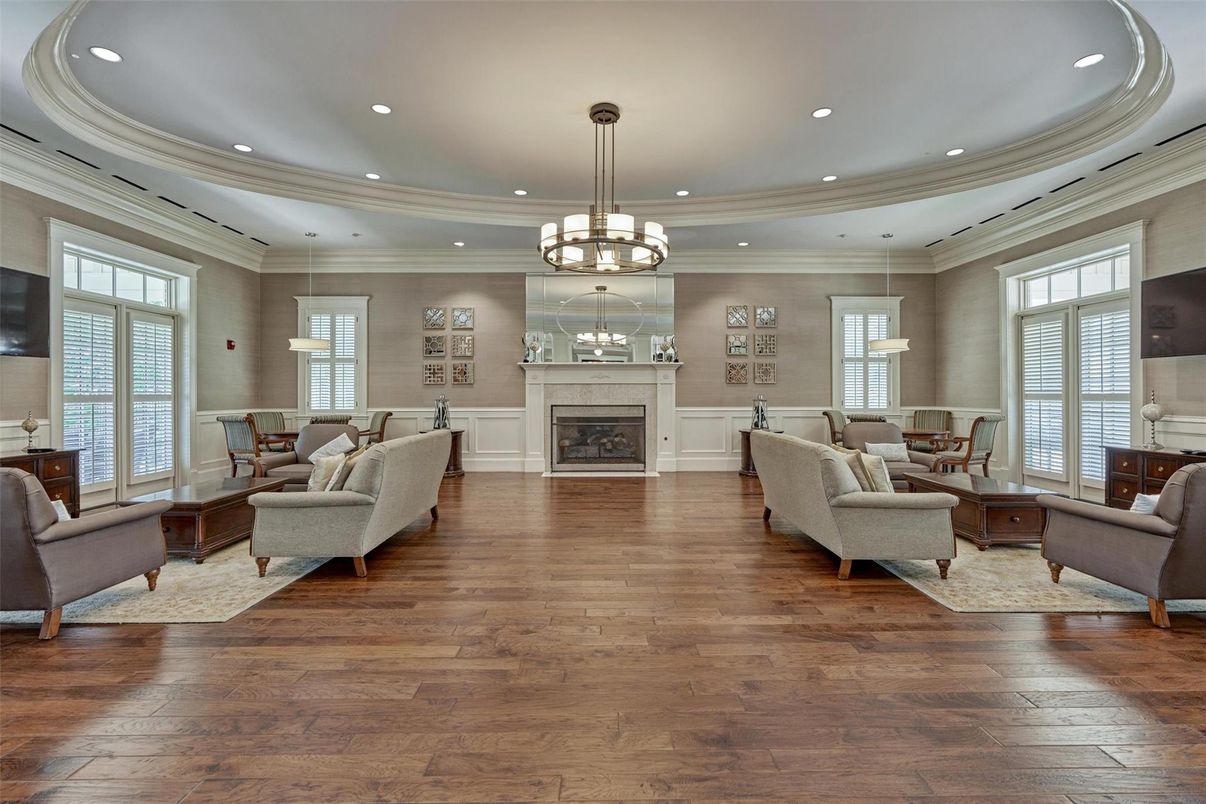 Chandelier, Dining room, Fireplace, Interior, Living room, Recessed Lighting, Wood Texture Flooring
