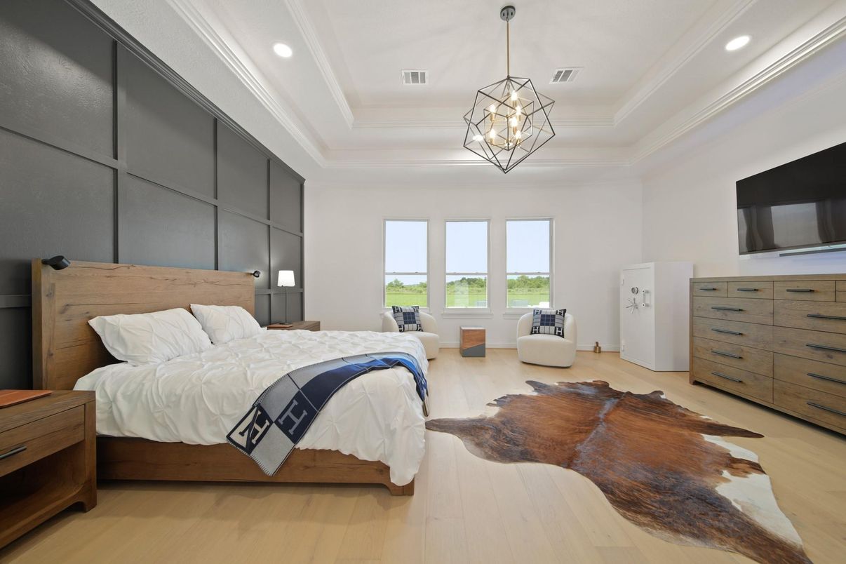 Bedroom, Interior, Pendant Lights, Recessed Lighting, Wood Texture Flooring