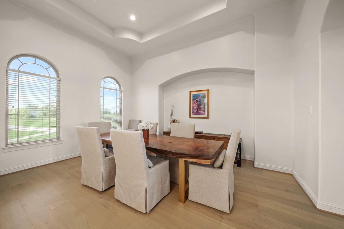 Dining room, Interior, Recessed Lighting, Wood Texture Flooring