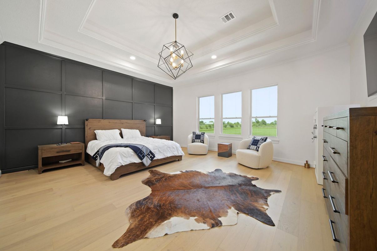 Bedroom, Interior, Pendant Lights, Recessed Lighting, Wood Texture Flooring