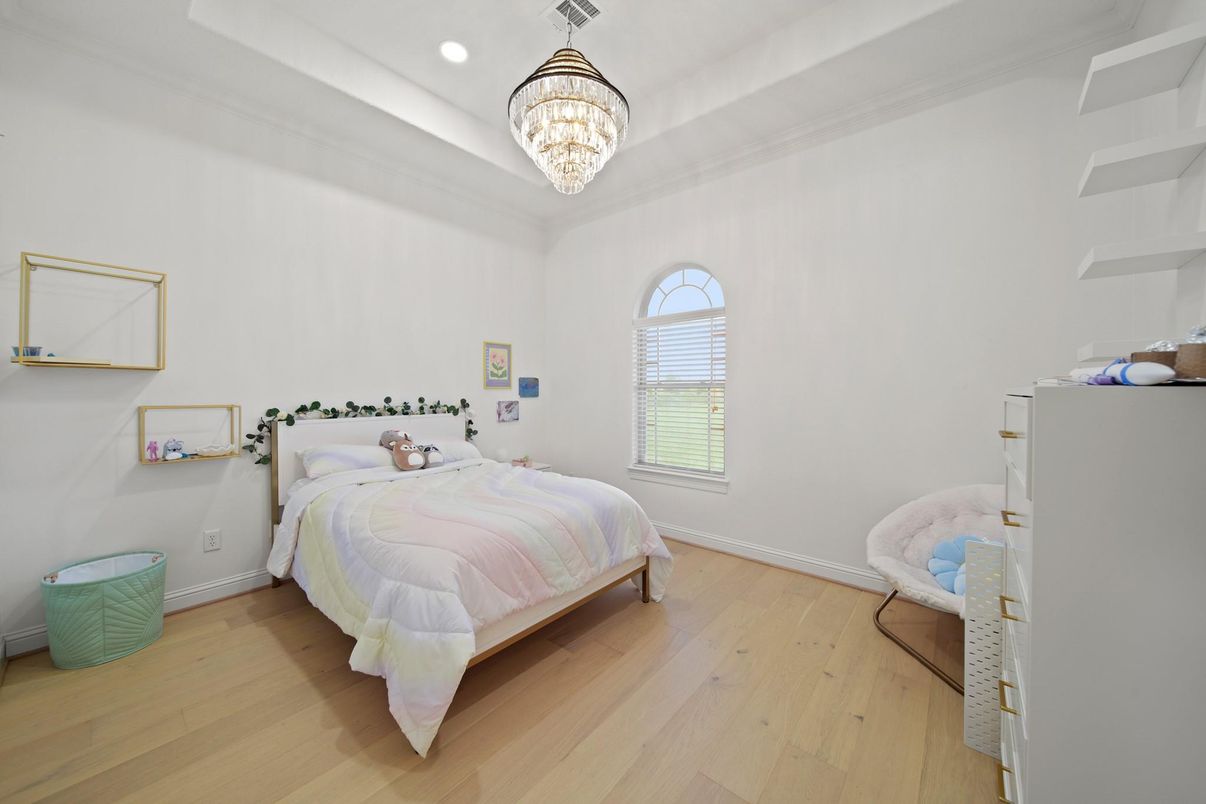 Bedroom, Chandelier, Interior, Recessed Lighting, Wood Texture Flooring