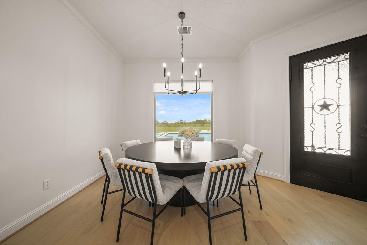 Dining room, Interior, Pendant Lights, Wood Texture Flooring