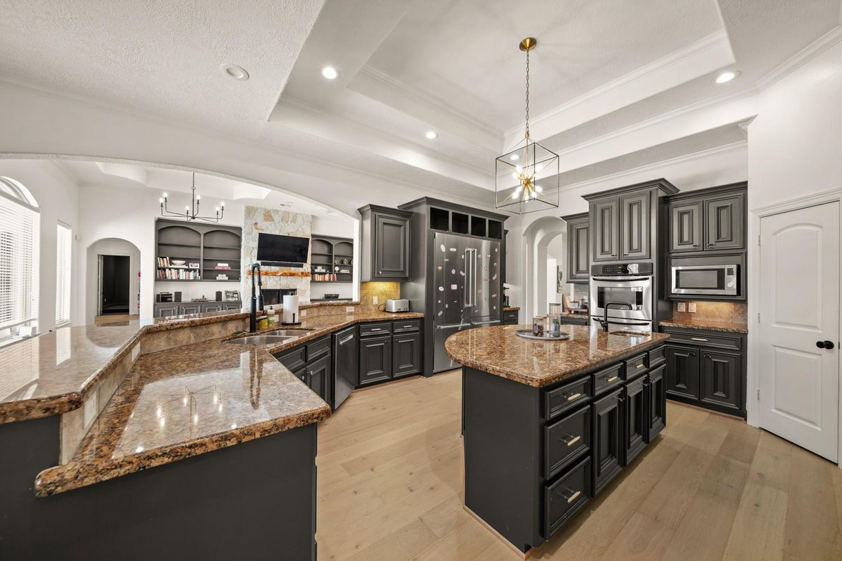 Interior, Kitchen, Pendant Lights, Recessed Lighting, Stainless Steel Appliances, Wood Texture Flooring