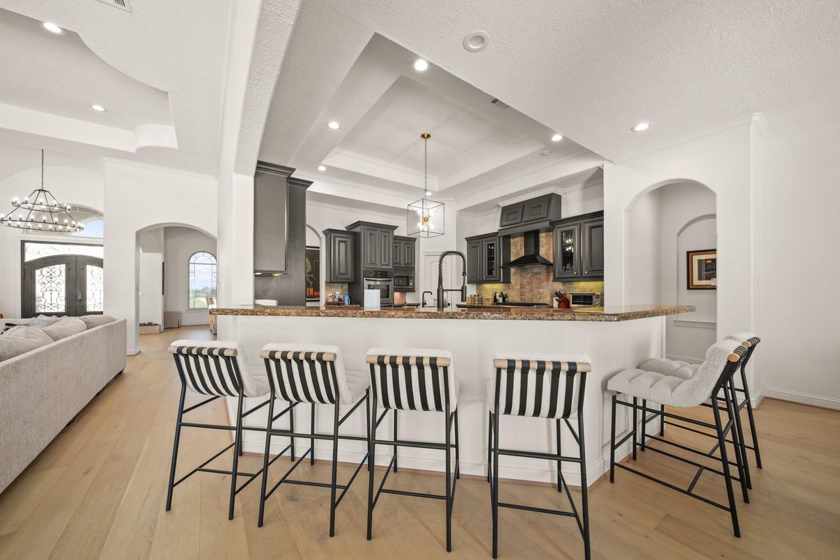 Chandelier, Interior, Kitchen, Pendant Lights, Recessed Lighting, Wood Texture Flooring