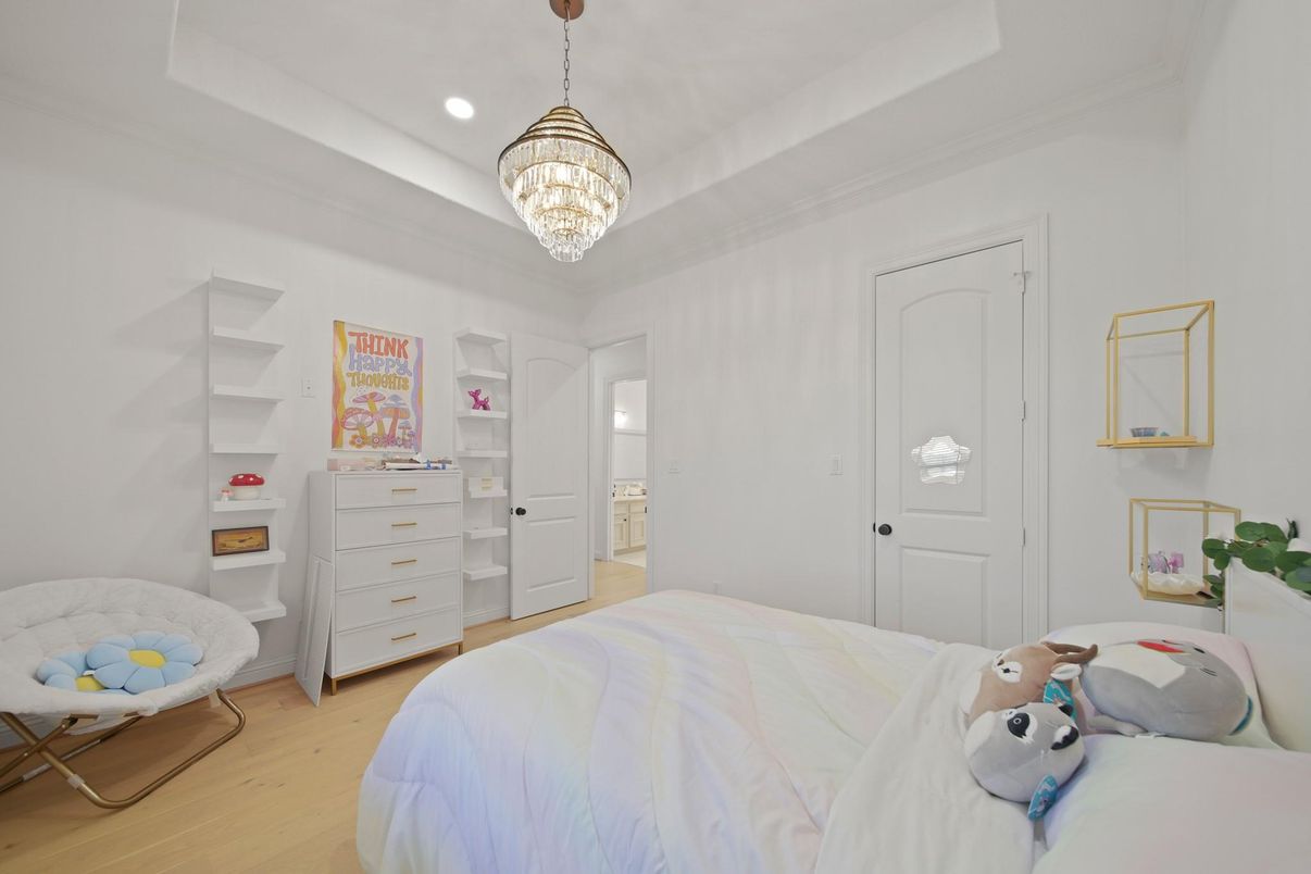 Bedroom, Chandelier, Interior, Recessed Lighting, Wood Texture Flooring