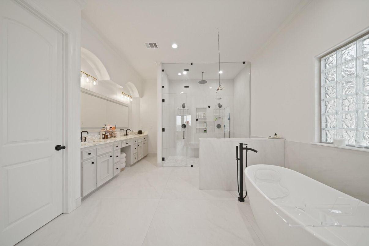 Bathroom, Dual Sink Vanities, Glass Shower, Interior, Recessed Lighting