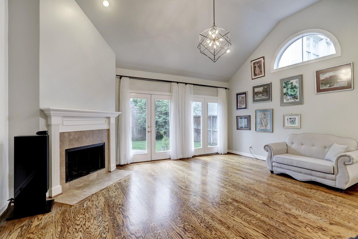Fireplace, Interior, Pendant Lights, Recessed Lighting, Wood Texture Flooring