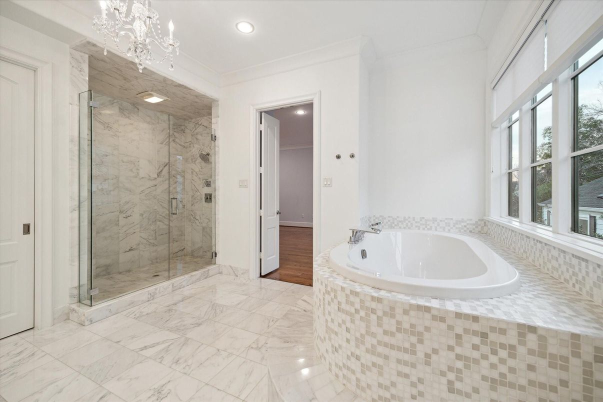 Bathroom, Chandelier, Glass Shower, Interior, Marble, Marble Walls, Recessed Lighting