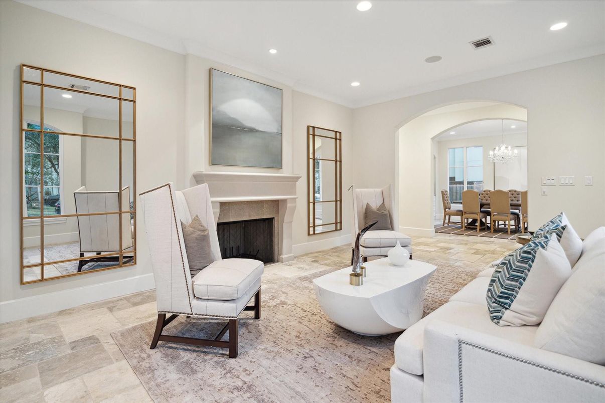 Chandelier, Dining room, Fireplace, Interior, Living room, Recessed Lighting