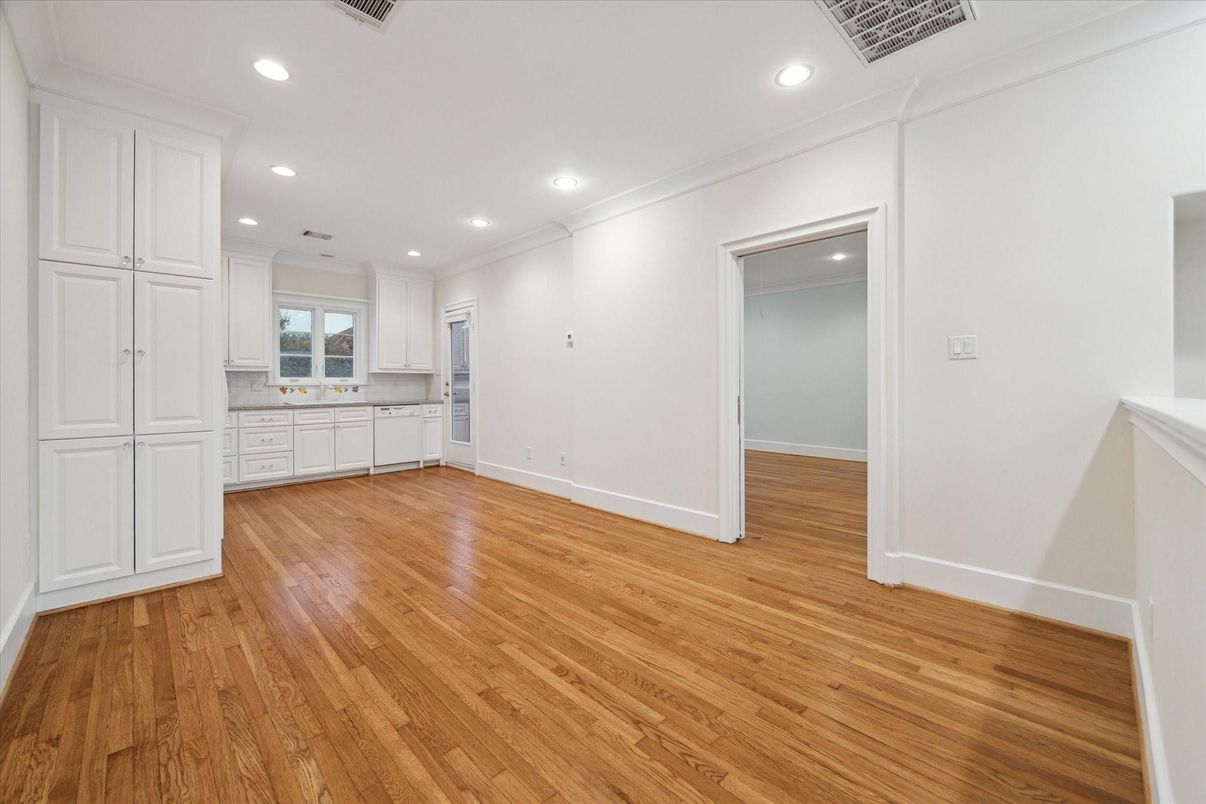 Empty room, Interior, Kitchen, Recessed Lighting, Wood Texture Flooring