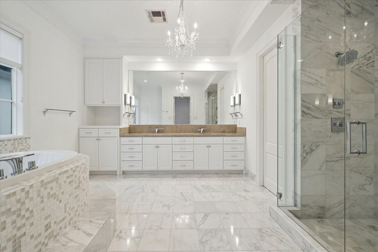 Bathroom, Chandelier, Dual Sink Vanities, Glass Shower, Interior, Marble, Marble Walls, Recessed Lighting