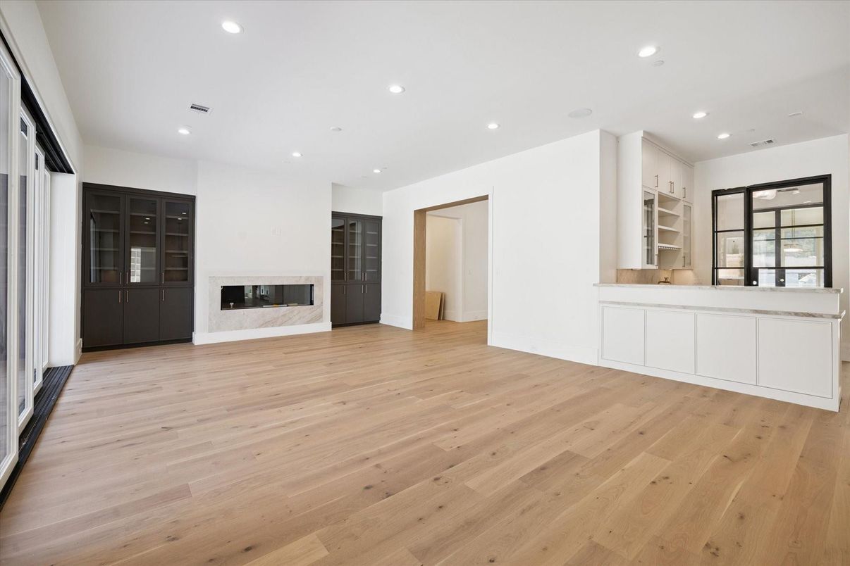 Empty room, Fireplace, Interior, Recessed Lighting, Wood Texture Flooring