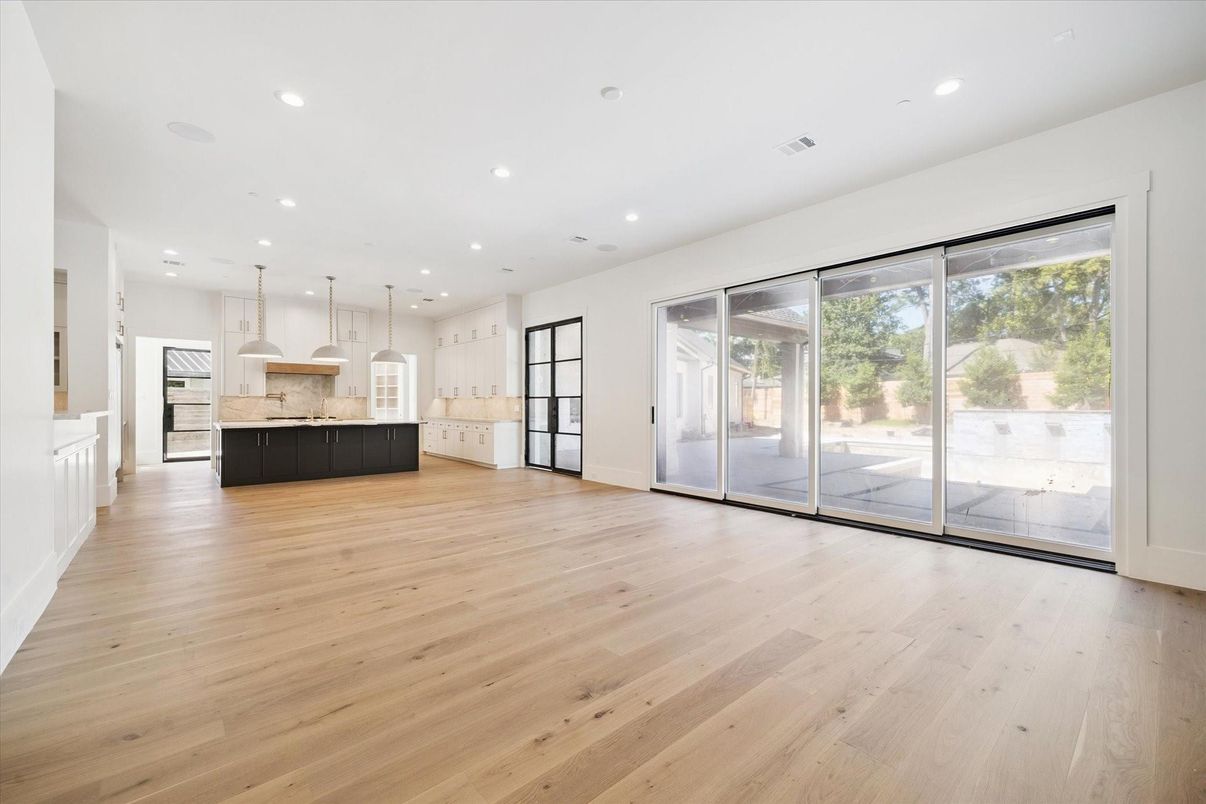 Empty room, Interior, Kitchen, Pendant Lights, Recessed Lighting, Wood Texture Flooring