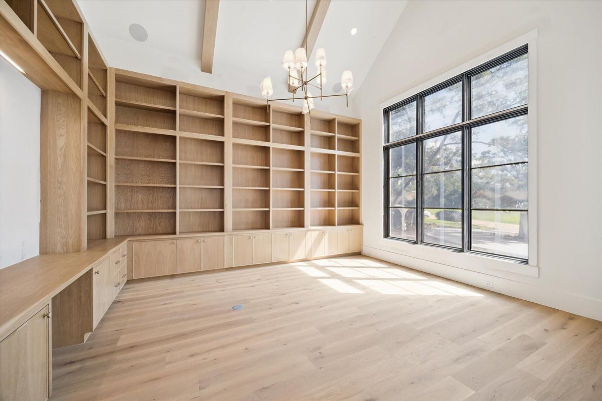 Chandelier, Empty room, Interior, Recessed Lighting, Wooden Beams, Wood Texture Flooring