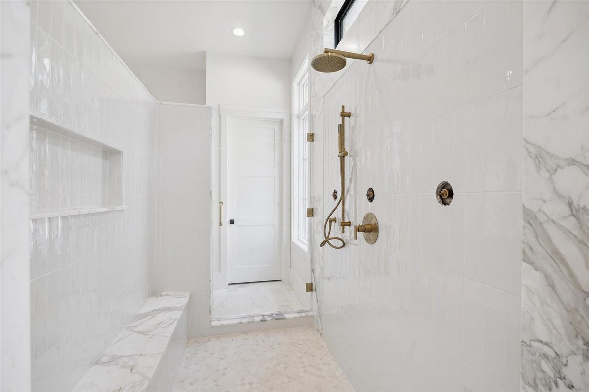Bathroom, Glass Shower, Interior, Marble, Marble Walls, Recessed Lighting