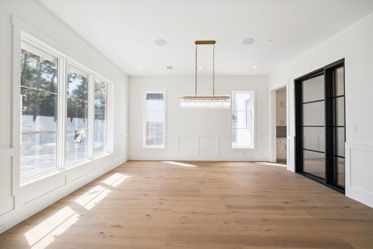 Chandelier, Empty room, Interior, Pendant Lights, Recessed Lighting, Wood Texture Flooring