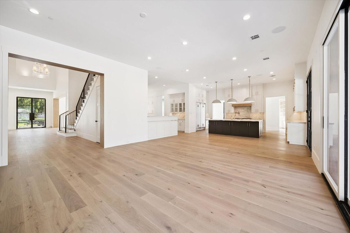 Empty room, Interior, Kitchen, Pendant Lights, Recessed Lighting, Wood Texture Flooring