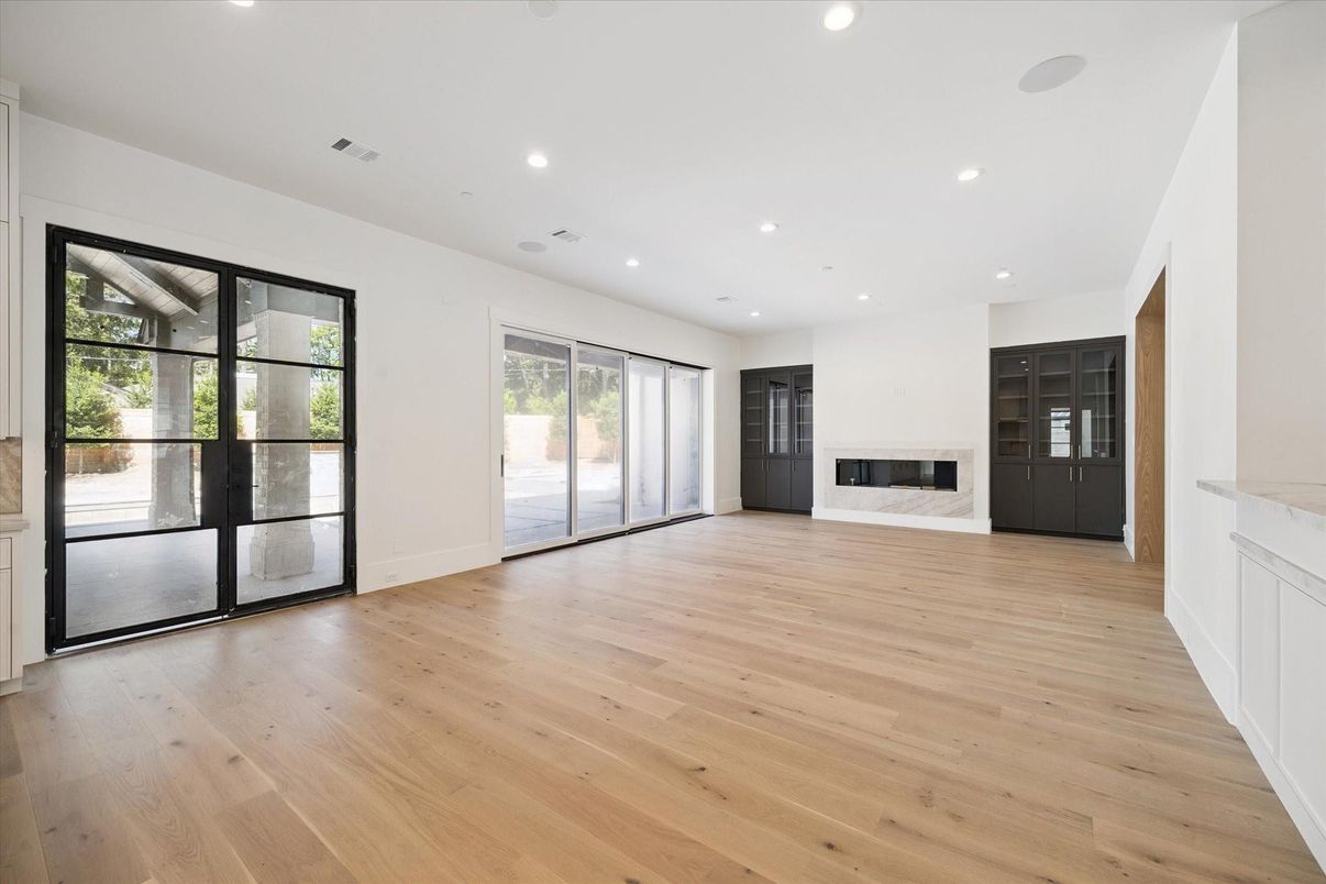 Empty room, Fireplace, Interior, Recessed Lighting, Wood Texture Flooring