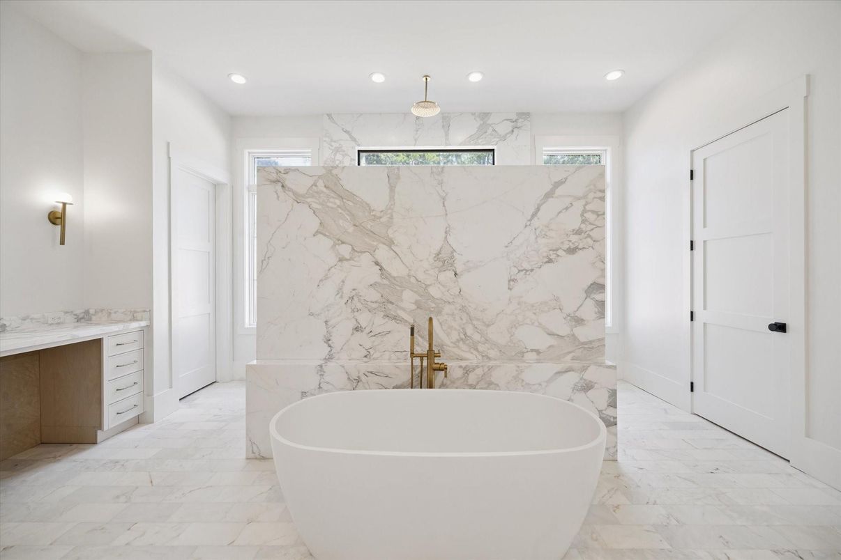Bathroom, Free Standing Baths, Interior, Marble, Marble Walls, Recessed Lighting