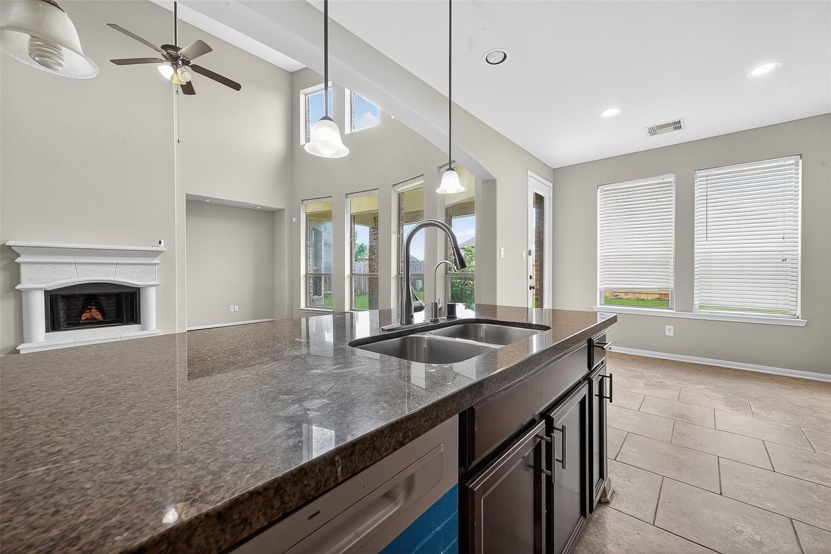 Fireplace, Interior, Kitchen, Pendant Lights, Recessed Lighting