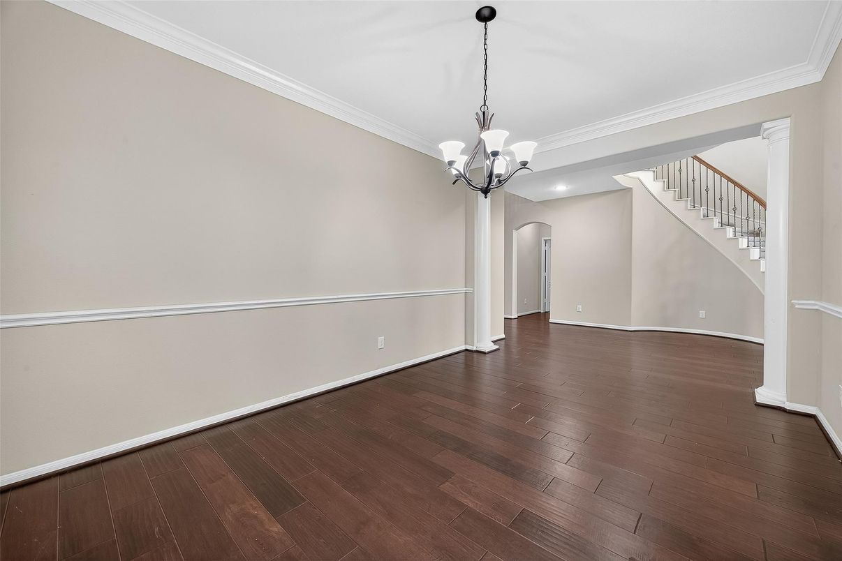 Chandelier, Empty room, Interior, Recessed Lighting, Wood Texture Flooring