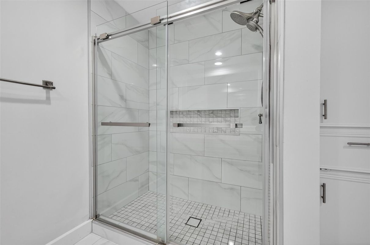 Bathroom, Glass Shower, Interior, Marble Walls, Recessed Lighting