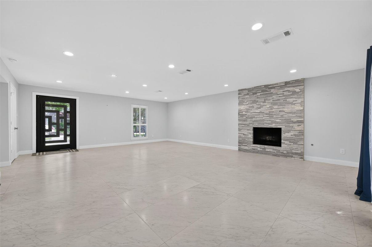 Empty room, Fireplace, Interior, Marble, Recessed Lighting, Stone Walls