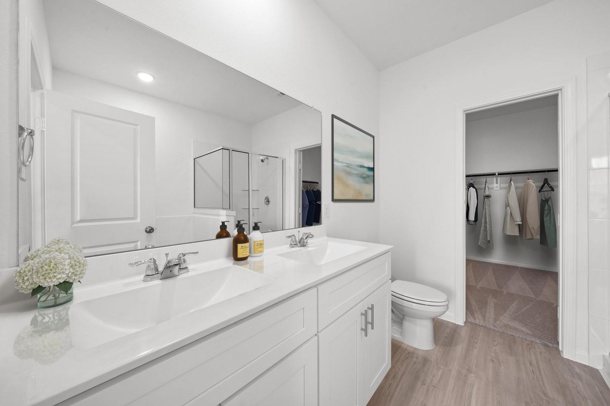 Bathroom, Dual Sink Vanities, Interior, Recessed Lighting, Wood Texture Flooring