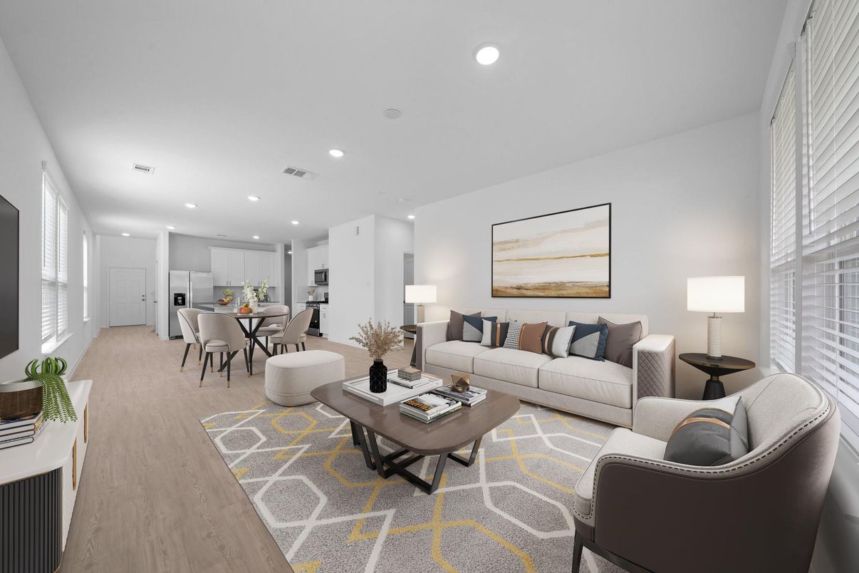 Dining room, Interior, Living room, Recessed Lighting, Wood Texture Flooring