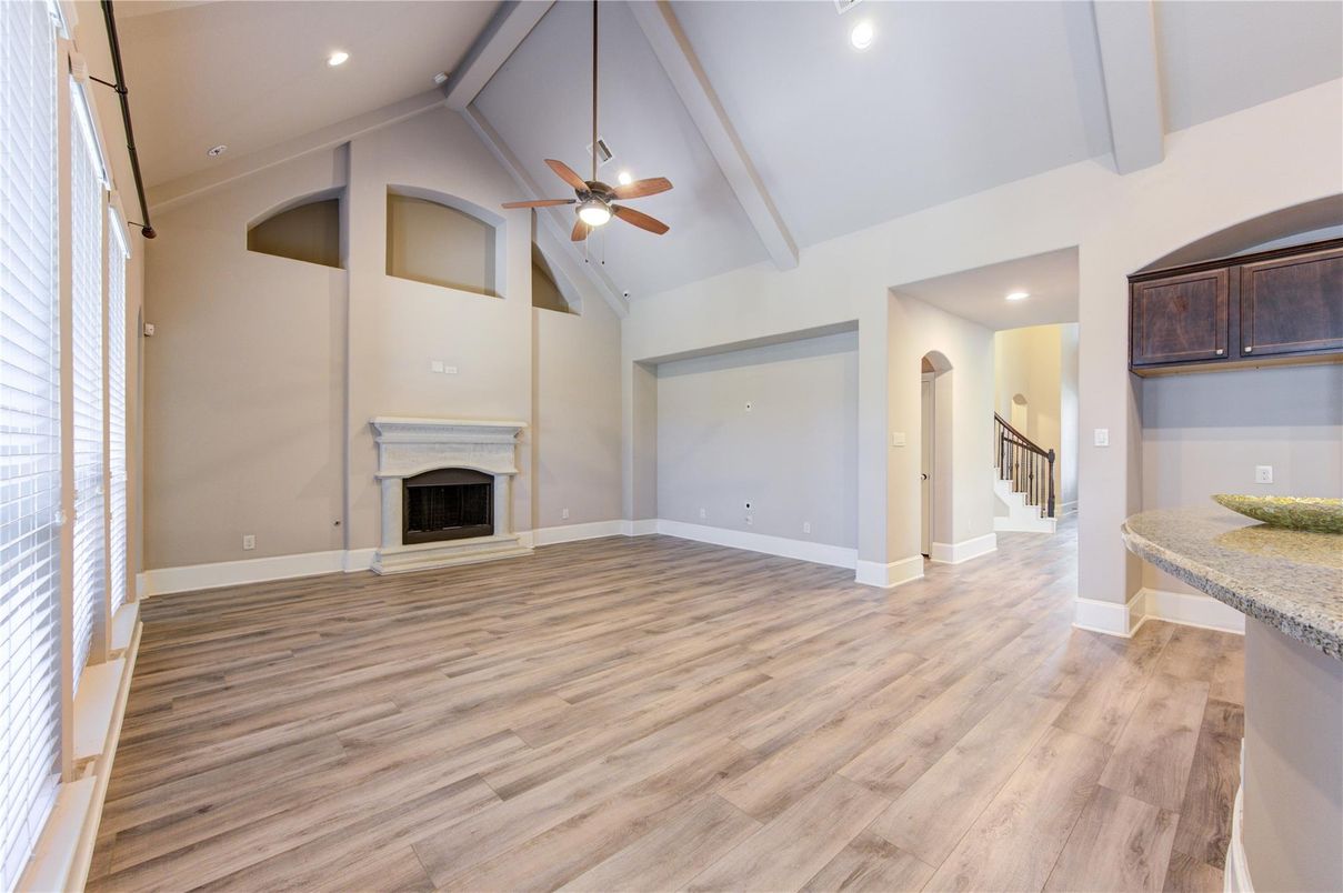 Empty room, Fireplace, Interior, Recessed Lighting, Wood Texture Flooring