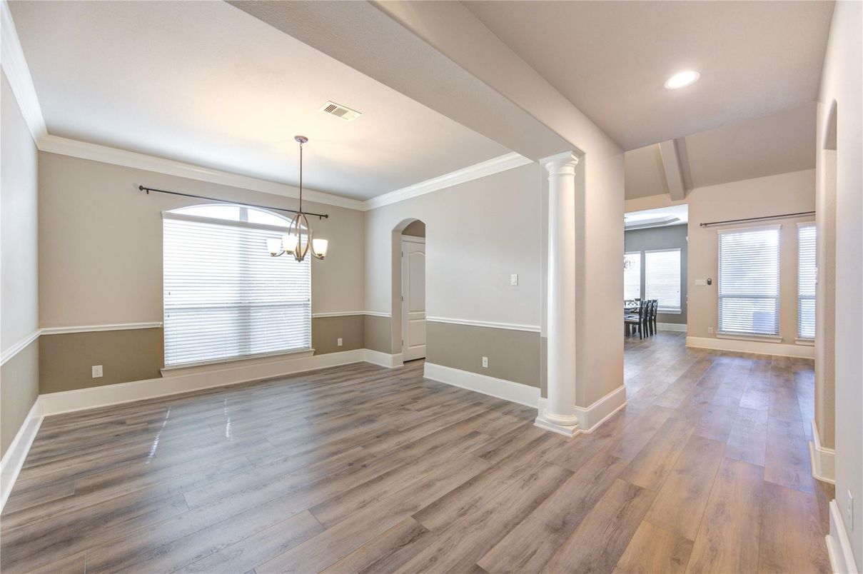 Chandelier, Dining room, Empty room, Interior, Pendant Lights, Recessed Lighting, Wood Texture Flooring