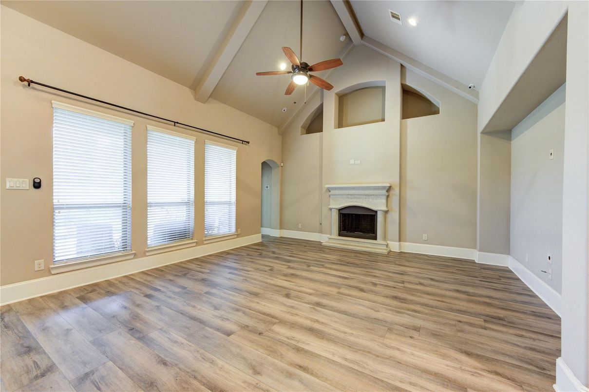Empty room, Fireplace, Interior, Recessed Lighting, Wood Texture Flooring