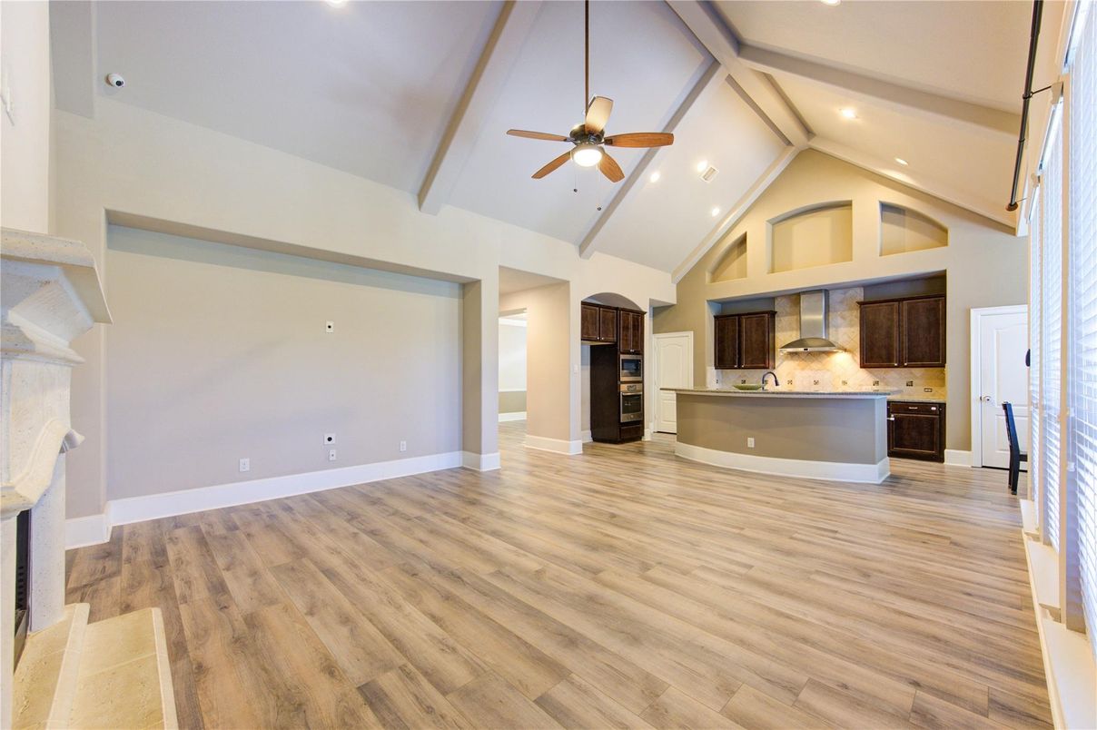 Empty room, Interior, Kitchen, Recessed Lighting, Wood Texture Flooring