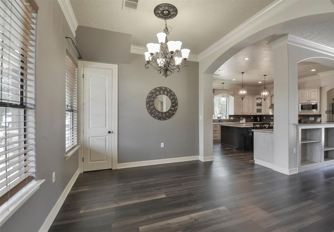 Chandelier, Interior, Kitchen, Pendant Lights, Recessed Lighting, Stainless Steel Appliances, Wood Texture Flooring