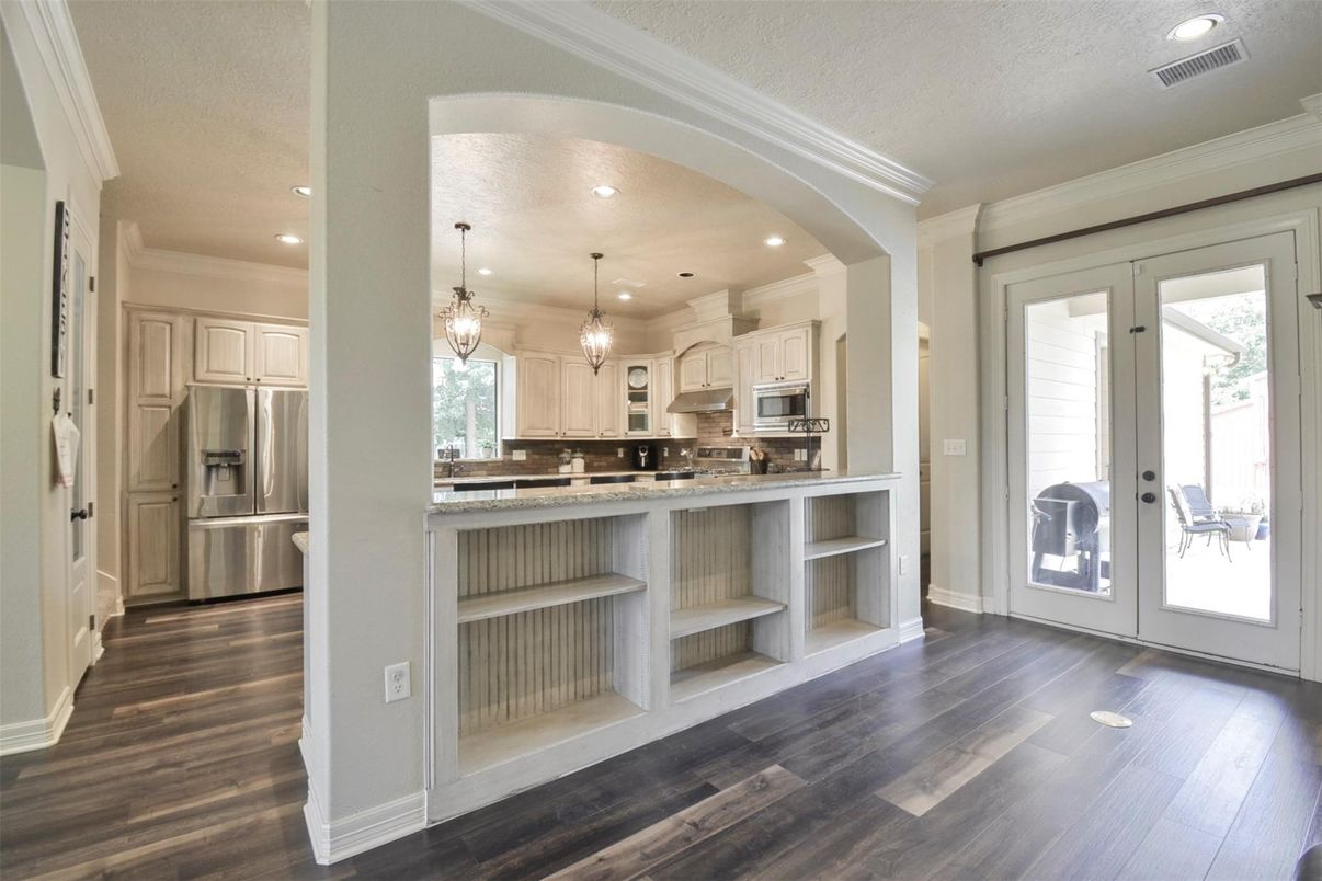 Interior, Kitchen, Pendant Lights, Recessed Lighting, Stainless Steel Appliances, Wood Texture Flooring