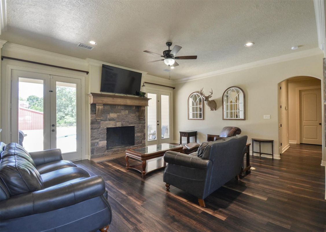 Fireplace, Interior, Living room, Recessed Lighting, Wood Texture Flooring