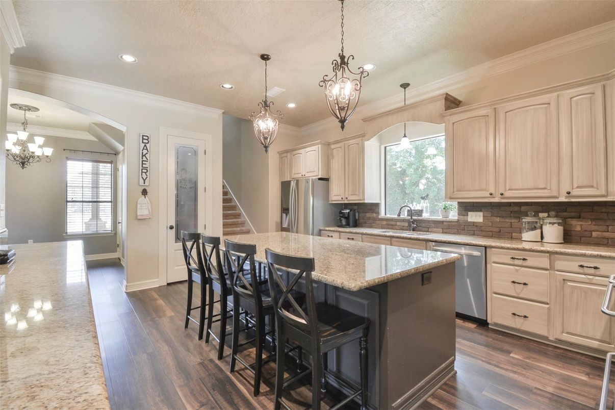 Chandelier, Interior, Kitchen, Pendant Lights, Recessed Lighting, Stainless Steel Appliances, Wood Texture Flooring