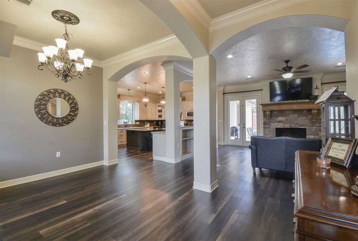 Chandelier, Fireplace, Interior, Kitchen, Pendant Lights, Recessed Lighting, Wood Texture Flooring