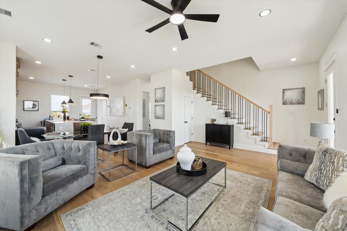 Dining room, Interior, Living room, Pendant Lights, Recessed Lighting, Wood Texture Flooring