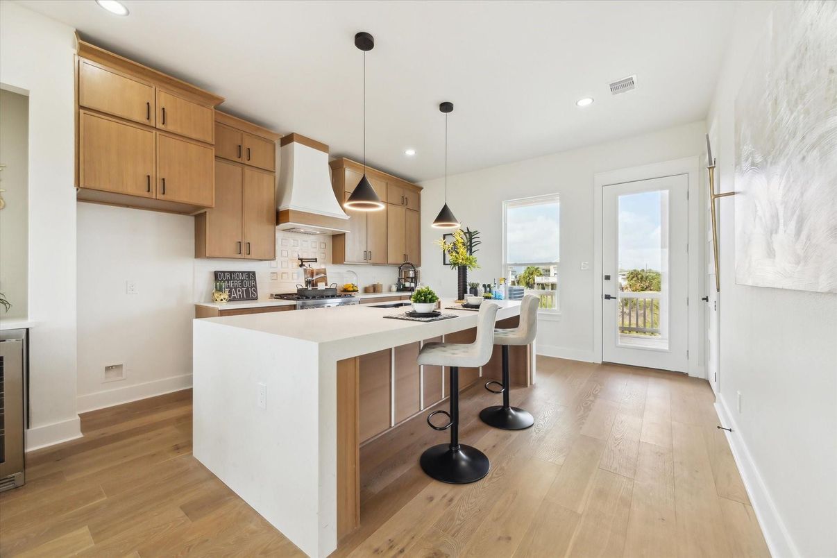 Interior, Kitchen, Pendant Lights, Recessed Lighting, Wood Texture Flooring