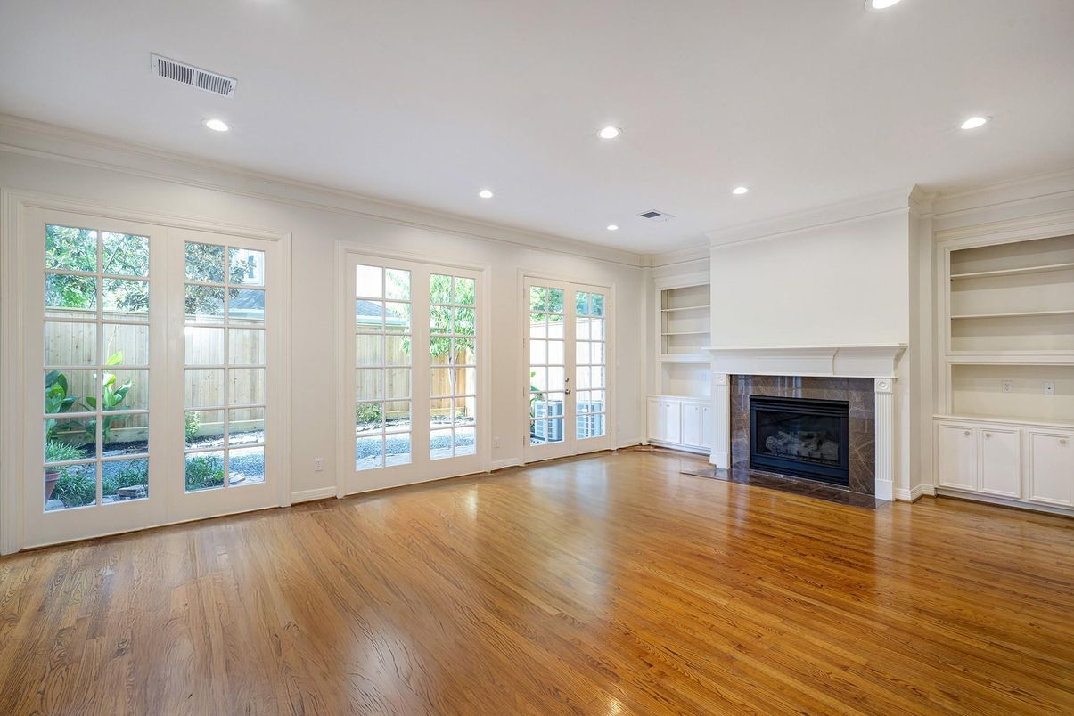 Empty room, Fireplace, Interior, Recessed Lighting, Wood Texture Flooring