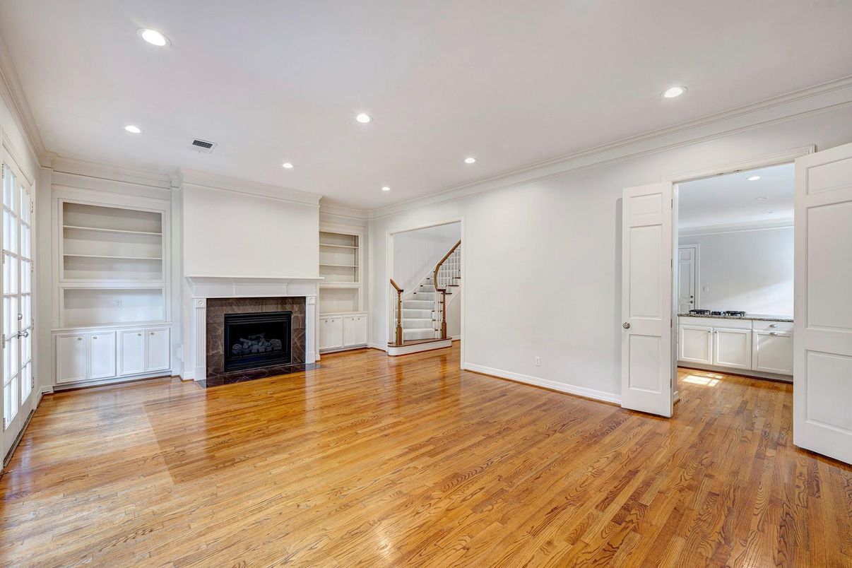 Empty room, Fireplace, Interior, Recessed Lighting, Wood Texture Flooring