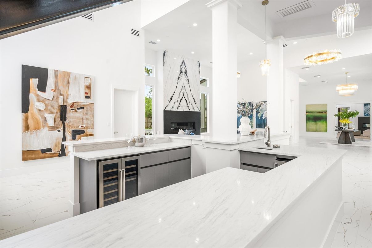 Chandelier, Fireplace, Interior, Kitchen, Marble, Pendant Lights, Recessed Lighting