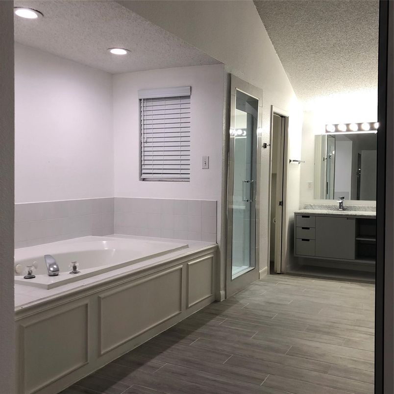 Bathroom, Glass Shower, Interior, Recessed Lighting, Wood Texture Flooring