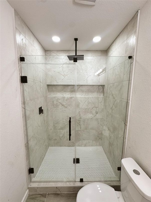 Bathroom, Glass Shower, Interior, Marble Walls, Recessed Lighting