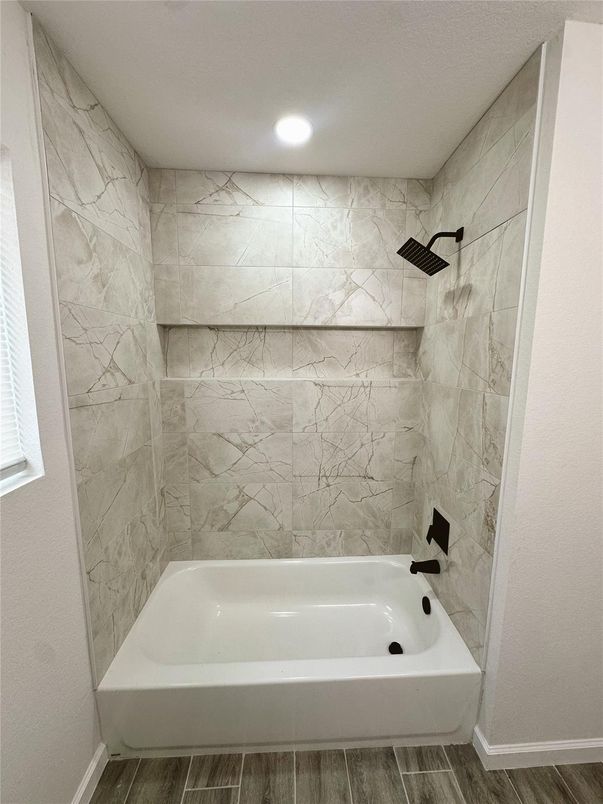 Bathroom, Interior, Marble Walls, Recessed Lighting, Wood Texture Flooring