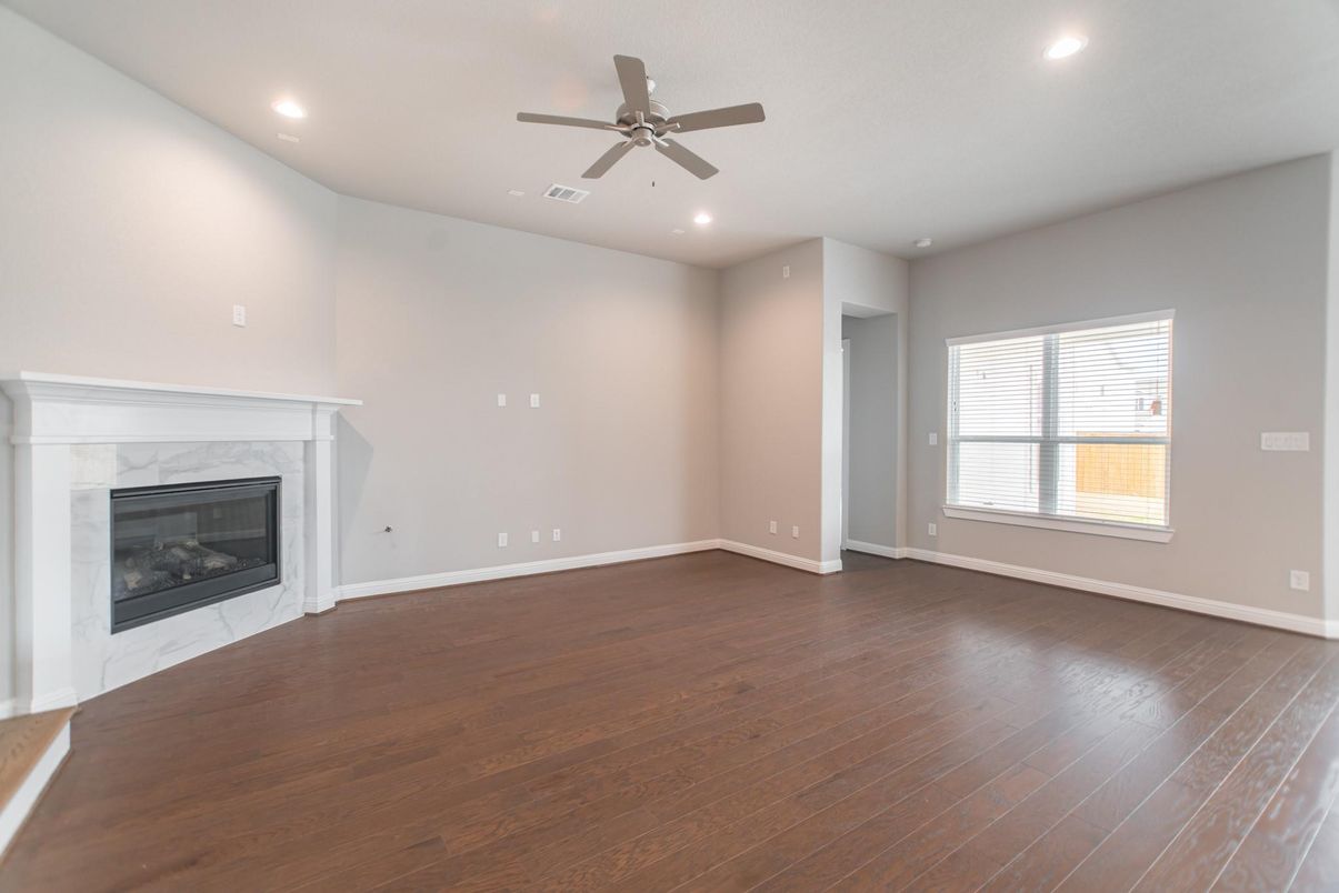 Empty room, Fireplace, Interior, Recessed Lighting, Wood Texture Flooring