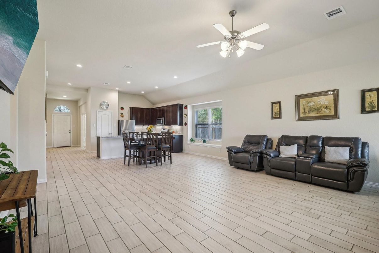 Dining room, Interior, Kitchen, Living room, Recessed Lighting, Wood Texture Flooring